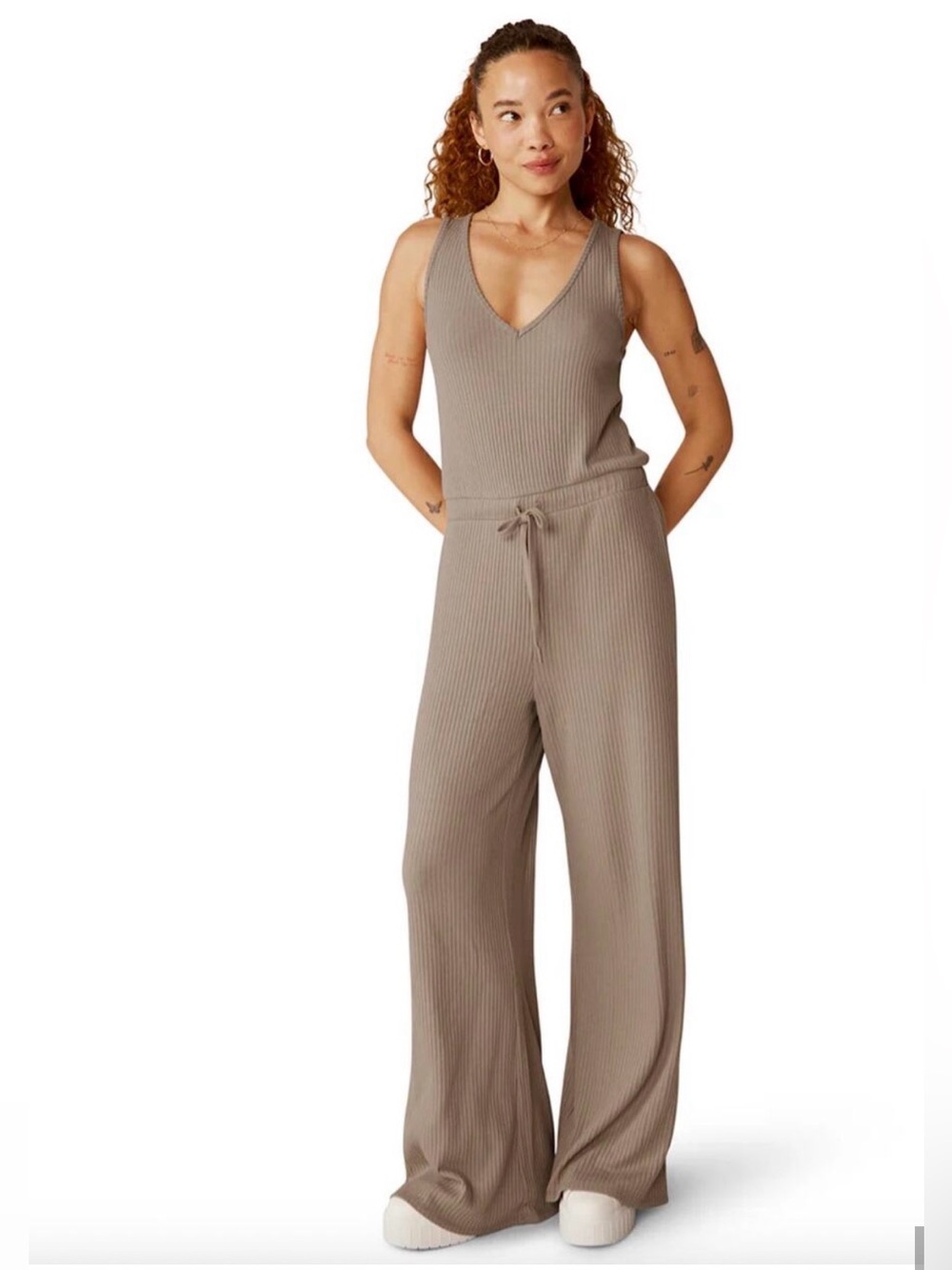 Beyond Yoga Jetsetter Rib Self Drawcord Waistband V-Neck Jumpsuit Birch S
